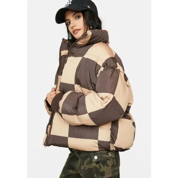 Edikted Checkerboard Puffer Jacket Womens Size S Brown & Beige Zipper Closure - Picture 2 of 9